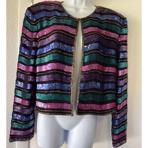 Sequin Beaded Jacket Large Formal Talbots Silk Vintage Party Black Tie Cocktail